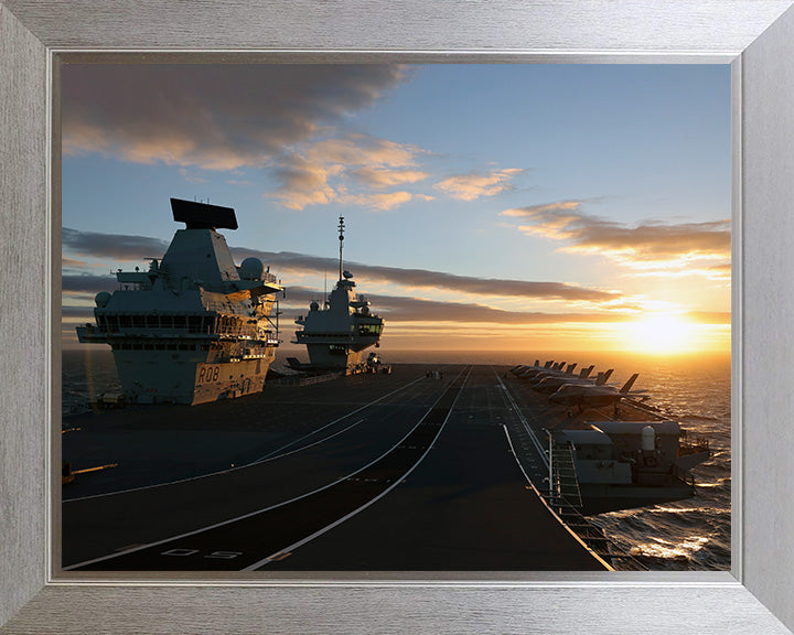 HMS Queen Elizabeth (R08) Photo Print - Flight Deck at Sunset - Royal Navy Queen Elizabeth Class Aircraft Carrier Hampshire Prints 10 x 8 Silver Frame No