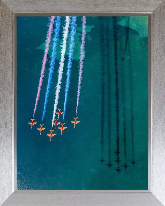 RAF Red Arrows fly over the sea Photo Print - Royal Air Force Aircraft Hampshire Prints 10 x 8 Silver Frame No