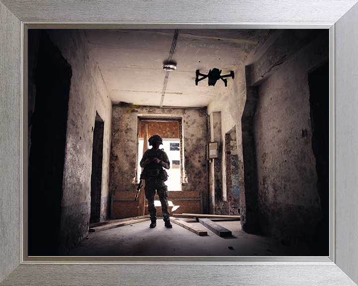 British Army Soldier Operating a Parrot Drone Urban Warfare Training Photo Print Military Decor Posters, Prints, & Visual Artwork Hampshire Prints 10 x 8 Silver Frame No