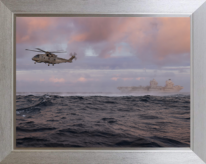 HMS Queen Elizabeth (R08) Photo Print - With Merlin - Royal Navy Queen Elizabeth Class Aircraft Carrier Hampshire Prints 10 x 8 Silver Frame No
