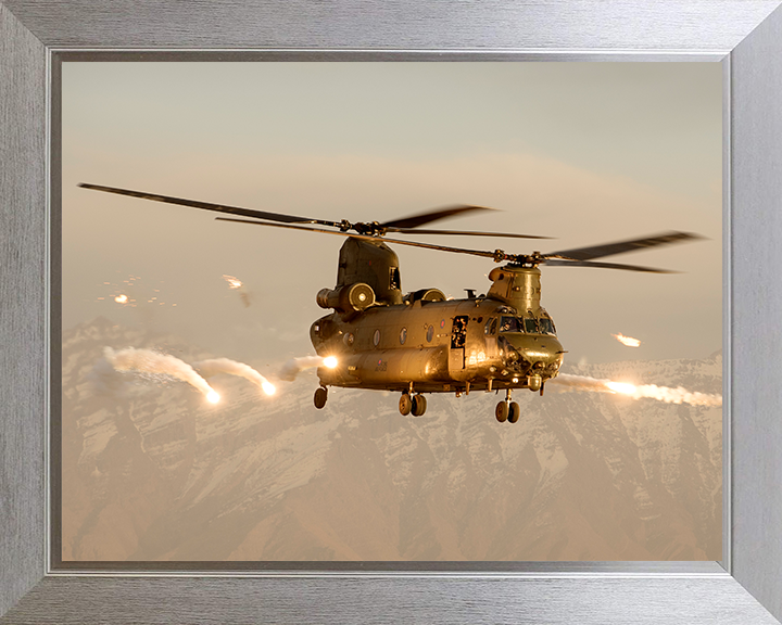 RAF Chinook Helicopter Over Afghanistan Firing Flares Photo Print - Royal Air Force Aircraft Hampshire Prints 10 x 8 Silver Frame No