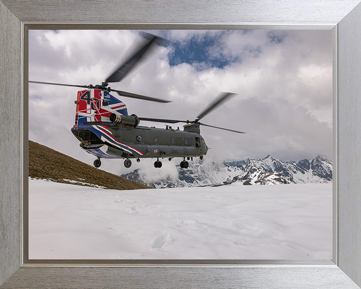RAF Chinook Helicopter with Union Jack Photo Print - Royal Air Force Aircraft Hampshire Prints 10 x 8 Silver Frame No