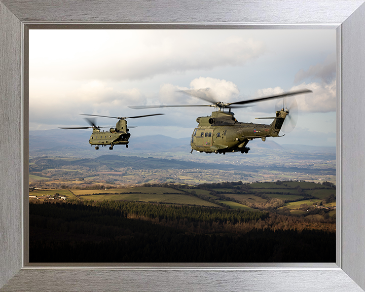 RAF Chinook and Puma HC Mk2 Helicopters Photo Print - Royal Air Force Aircraft Hampshire Prints 10 x 8 Silver Frame No