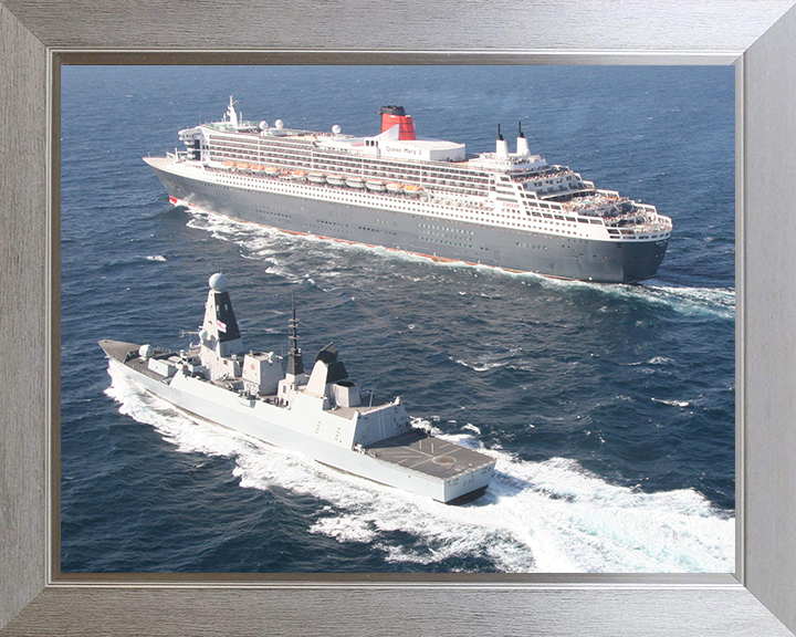 HMS Defender (D36) Photo Print - With Queen Mary 2 - Royal Navy Type 45 Destroyer Hampshire Prints 10 x 8 Silver Frame No