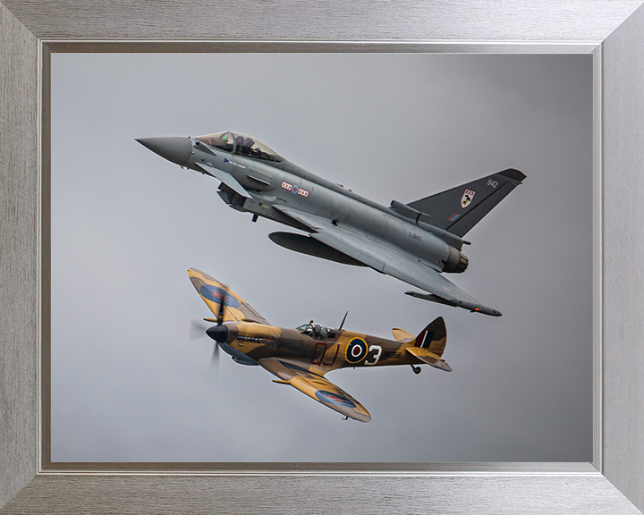 Typhoon FGR4 and RAF Spitfire in flight Photo Print - Royal Air Force Aircraft Hampshire Prints 10 x 8 Silver Frame No