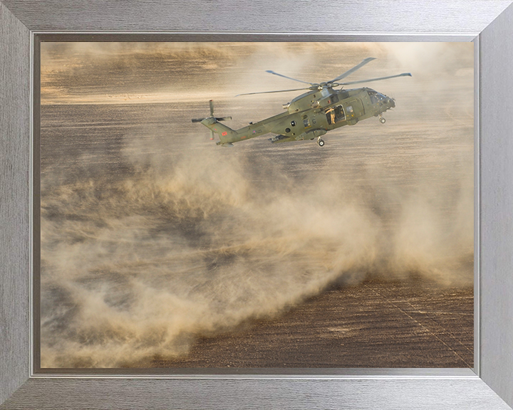 RAF Merlin Helicopter takes off creating a dust cloud Photo Print - Royal Air Force Aircraft Hampshire Prints 10 x 8 Silver Frame No
