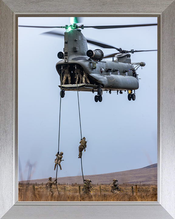 Royal Marines Commandos Fast Rope from a Chinook Photo Print 42 Commando Wall Art Military Decor Posters, Prints, & Visual Artwork Hampshire Prints 10 x 8 Silver Frame No