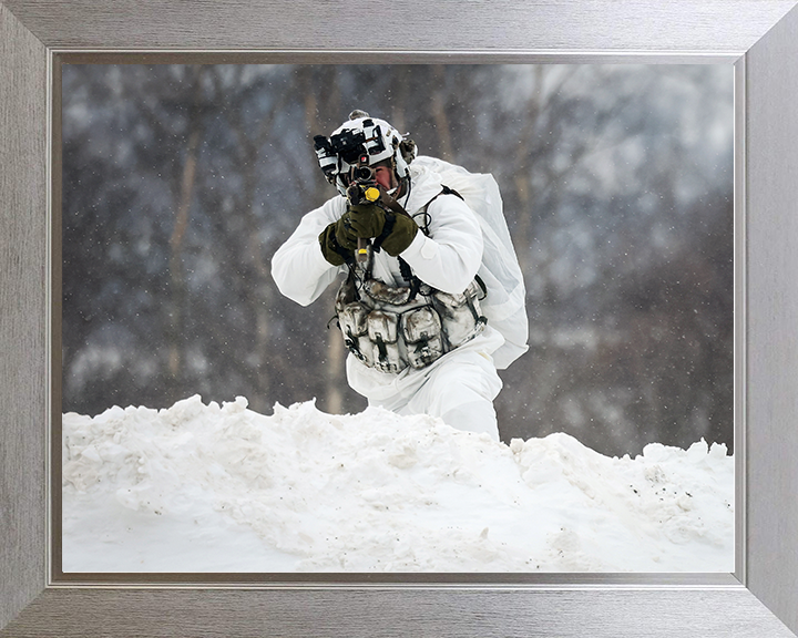 Royal Marine Aims During Cold Weather exercise Photo Print 40 Commando Marines Wall Art Military Decor UK Posters, Prints, & Visual Artwork Hampshire Prints 10 x 8 Silver Frame No