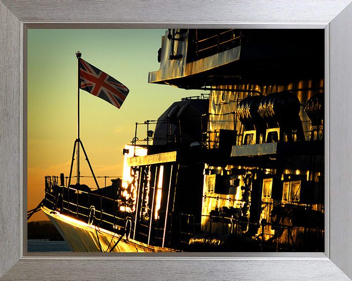HMS Iron Duke (F234) Photo Print - At Sunset Port Side - Royal Navy Type 23 Frigate Hampshire Prints 10 x 8 Silver Frame No