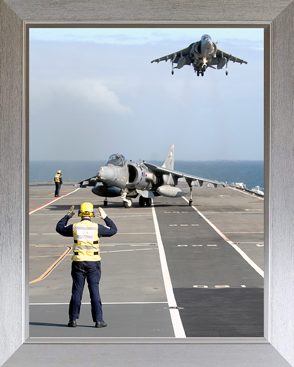 Two Harrier Jets Landing on the Flight deck of HMS Illustrious Photo Print - Royal Navy Aircraft Posters, Prints, & Visual Artwork Hampshire Prints 10 x 8 Silver Frame No