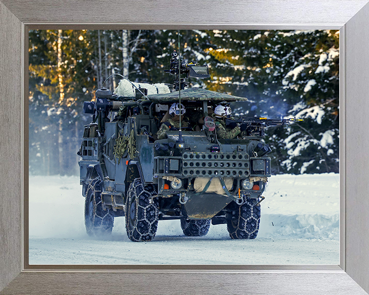 British Army Soldier operating a Jackal 2 Vehicle on Snow Photo Print Wall Art Military Decor Posters Posters, Prints, & Visual Artwork Hampshire Prints 10 x 8 Silver Frame No