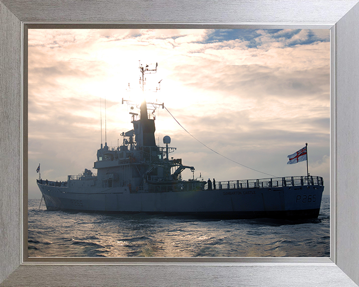 HMS Dumbarton Castle (P265) Royal Navy Castle Class Patrol Vessel At Anchor Photo Print Wall Art Decor Posters, Prints, & Visual Artwork Hampshire Prints 10 x 8 Silver Frame No