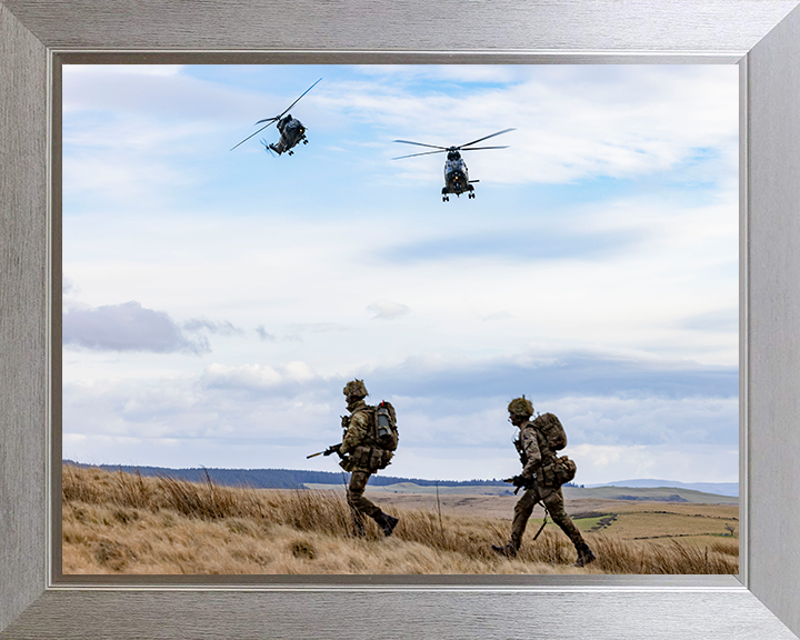 RAF Puma HC Mk2 Helicopters fly over soldiers Photo Print - Royal Air Force Aircraft Hampshire Prints 10 x 8 Silver Frame No