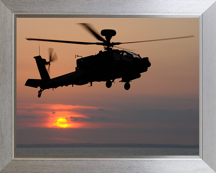 Army Apache Helicopter Silhouette at sunset Photo Print - British Army Hampshire Prints 10 x 8 Silver Frame No