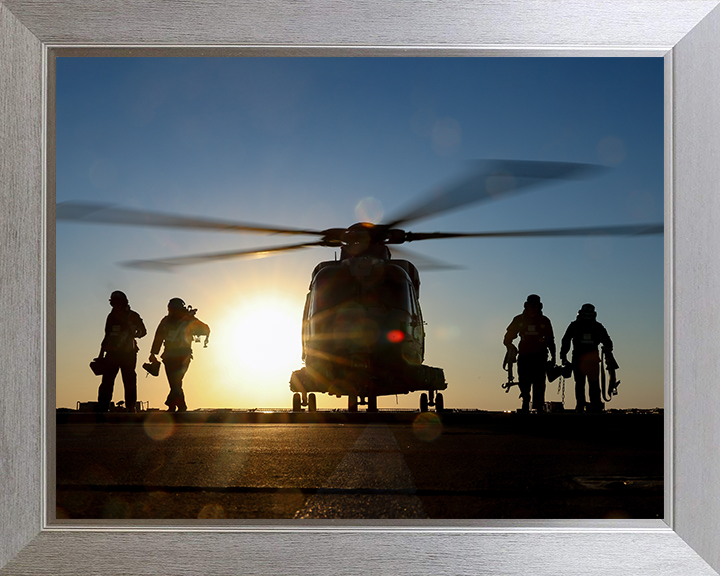Merlin Helicopter on a Flight Deck at Sunset Photo Print - Royal Navy Aircraft Hampshire Prints 10 x 8 Silver Frame No