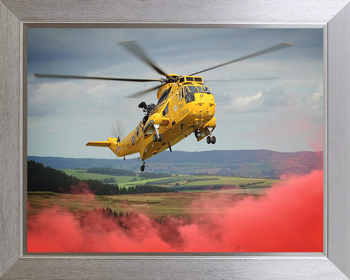 RAF (SAR) Sea King Helicopter With Red Smoke 2011 Photo Print - Royal Air Force Aircraft Posters, Prints, & Visual Artwork Hampshire Prints 10 x 8 Silver Frame No