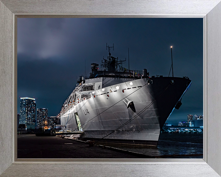 HMS Albion (L14) Royal Navy Albion Class Amphibious Ship Floodlit Photo Print Wall Art Naval Decor Posters, Prints, & Visual Artwork Hampshire Prints 10 x 8 Silver Frame No
