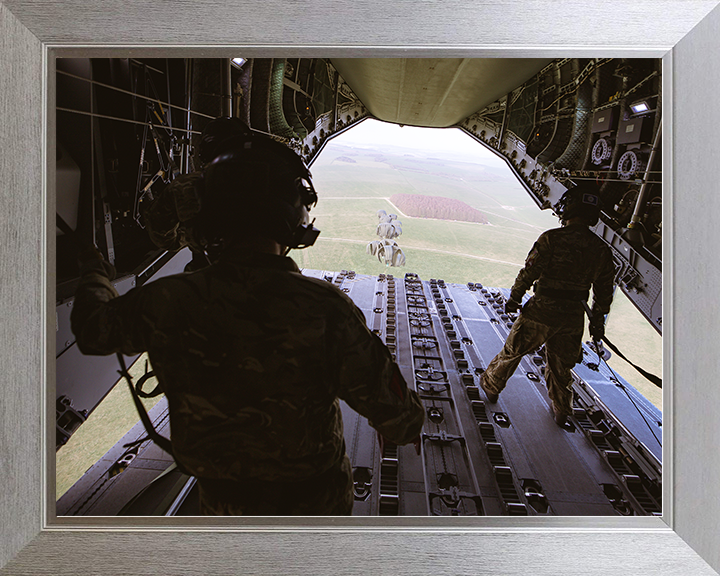 RAF Load Masters Drop CDS From an A400M Aircraft Photo Print Royal Air Force Wall Art Poster Posters, Prints, & Visual Artwork Hampshire Prints 10 x 8 Silver Frame No