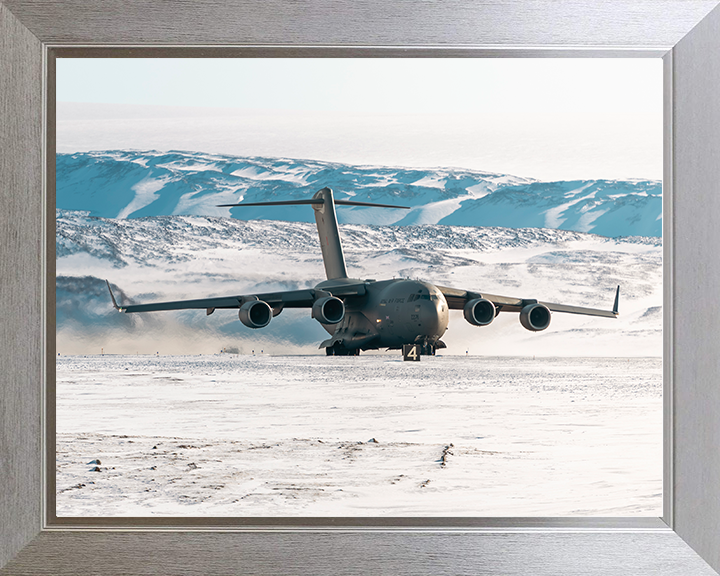 RAF C-17 Globemaster Taxis on a Snowy Runway 2026 Photo Print Royal Air Force Aircraft Wall Art Posters, Prints, & Visual Artwork Hampshire Prints 10 x 8 Silver Frame No