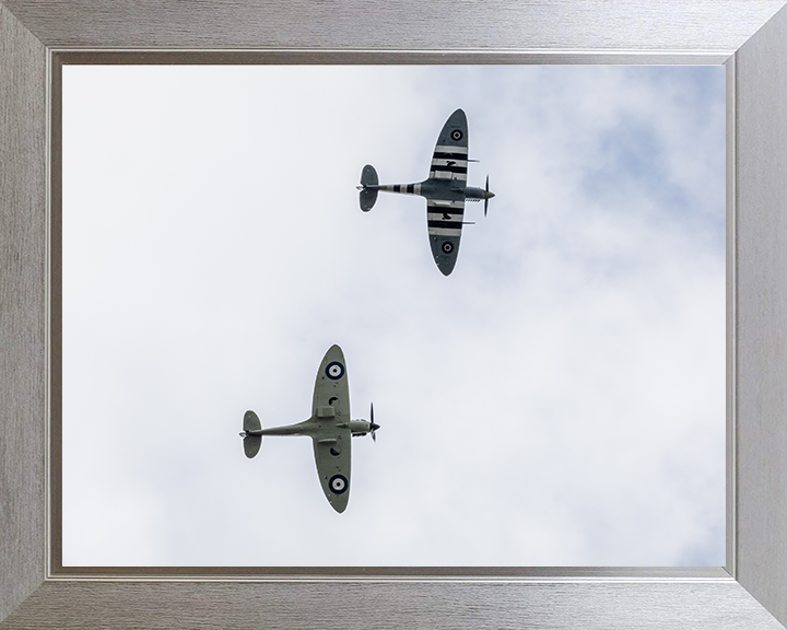 RAF Spitfire MK Vb and Spitfire MK11a in flight Photo Print - Royal Air Force Aircraft Hampshire Prints 10 x 8 Silver Frame No