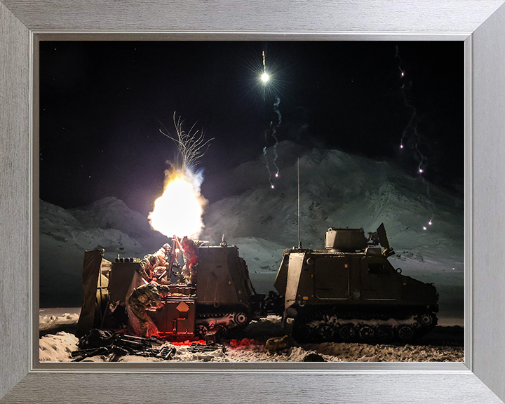 Royal Marine Commando Mortar Team Firing at Night Photo Print 45 Commando Marines Wall Art Military Decor UK Posters, Prints, & Visual Artwork Hampshire Prints 10 x 8 Silver Frame No