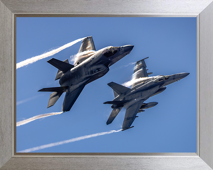 RAF F-35B Lightening with US Navy F/A-18E Photo Print - Royal Air Force Aircraft Hampshire Prints 10 x 8 Silver Frame No