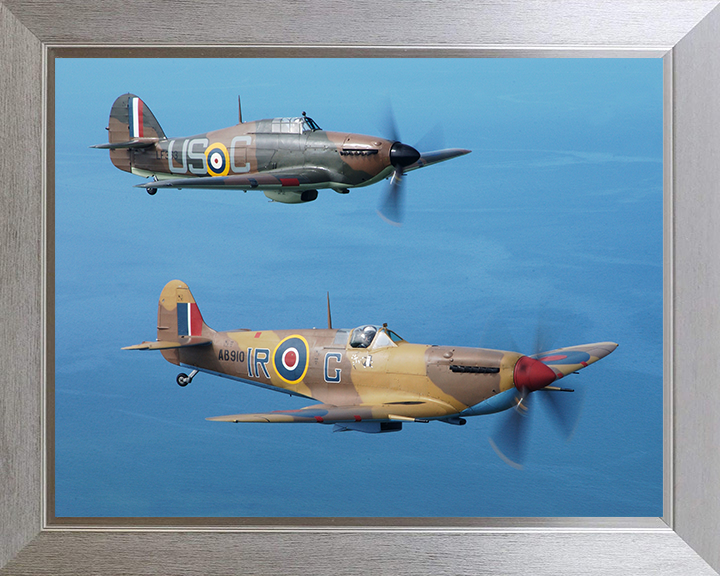 RAF Spitfire and Hurrincane in flight Photo Print - Royal Air Force Aircraft Hampshire Prints 10 x 8 Silver Frame No