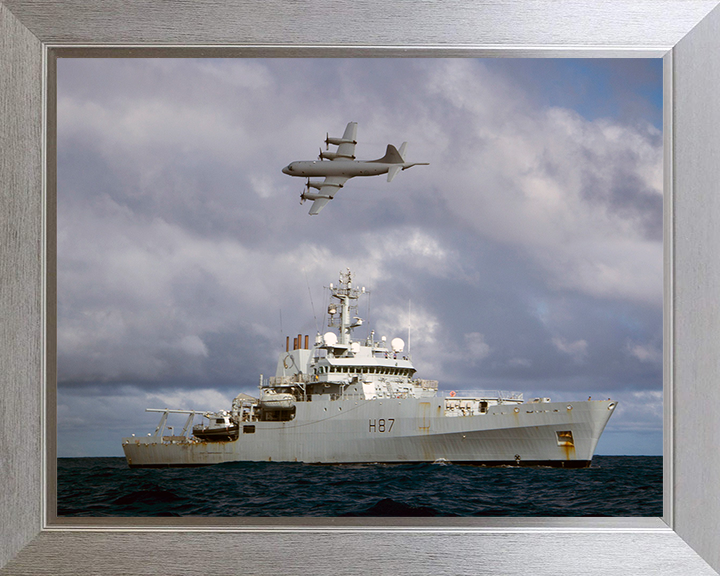 HMS Echo (H87) Photo Print - With AP3C Orion Plane - Royal Navy Echo Class Survey Vessel Hampshire Prints 10 x 8 Silver Frame No
