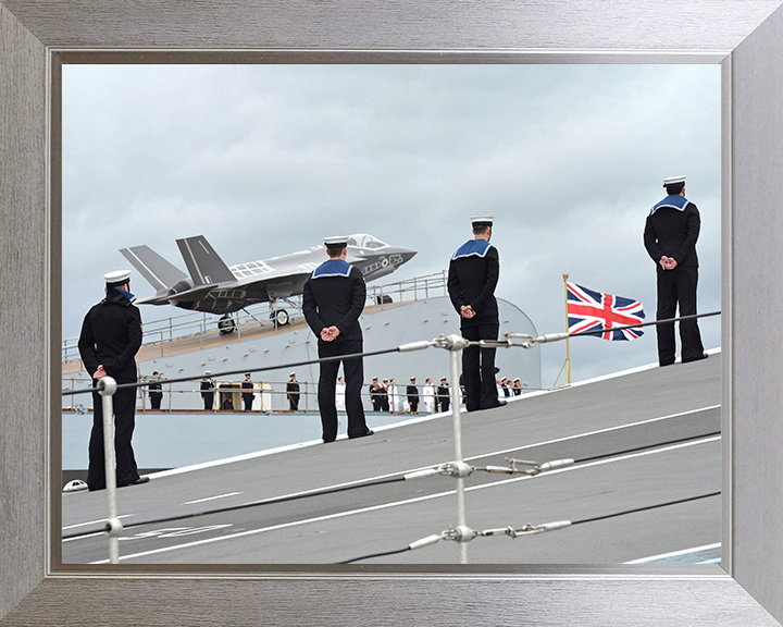 HMS Queen Elizabeth (R08) Photo Print - Sailors on Ski Jump - Royal Navy Queen Elizabeth Class Aircraft Carrier Hampshire Prints 10 x 8 Silver Frame No