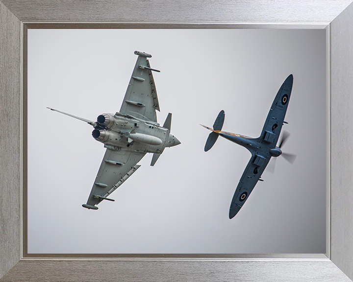 RAF Typhoon FGR4 and Spitfire in flight Photo Print - Royal Air Force Aircraft Hampshire Prints 10 x 8 Silver Frame No