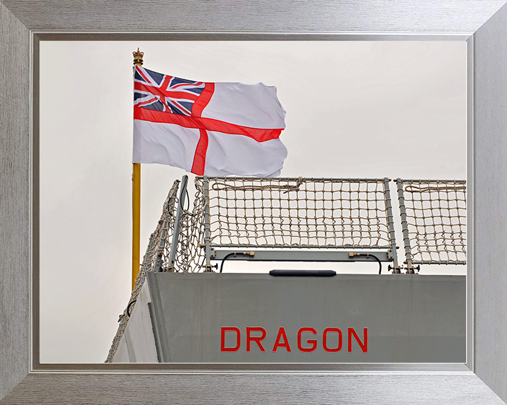 HMS Dragon (D35) Royal Navy Type 45 Destroyer White Ensign Photo Print Wall Art Decor Posters, Prints, & Visual Artwork Hampshire Prints 10 x 8 Silver Frame No