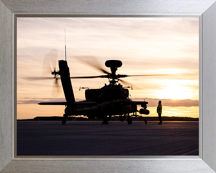 Army air Corps Apache Helicopters at sunset Silhouette Photo Print - British Army Posters, Prints, & Visual Artwork Hampshire Prints 10 x 8 Silver Frame No