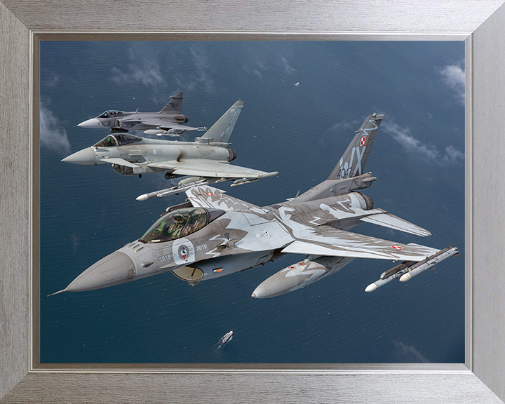 RAF Typhoon an F-16 and Gripen Jets Photo Print - Royal Air Force Aircraft Hampshire Prints 10 x 8 Silver Frame No