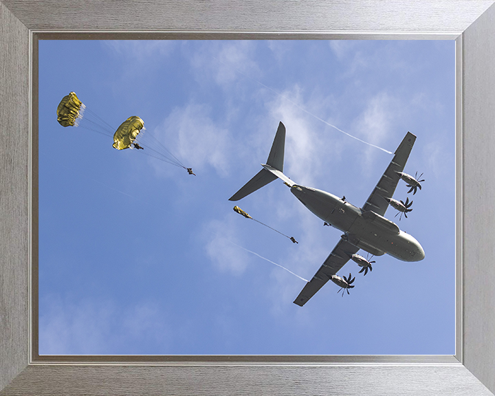 British Army Parachute Regiment Soldiers Jump From An RAF A400M Atlas Photo Print Wall Art Posters, Prints, & Visual Artwork Hampshire Prints 10 x 8 Silver Frame No
