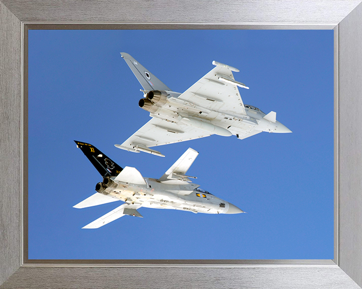 RAF Tornado F3 and Typhoon F2 Jets In Flight Photo Print - Royal Air Force Aircraft Posters, Prints, & Visual Artwork Hampshire Prints 10 x 8 Silver Frame No