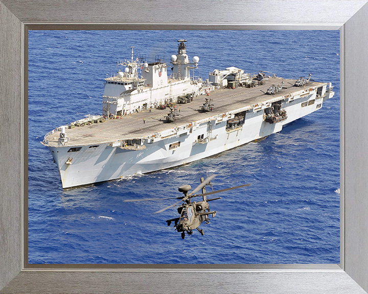 HMS Ocean (L12) Photo Print - With Apache 2011 - Royal Navy Landing Platform Helicopter Hampshire Prints 10 x 8 Silver Frame No