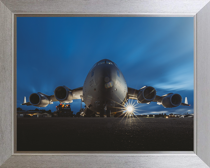 RAF C17 Globemaster after dusk Photo Print - Royal Air Force Aircraft Hampshire Prints 10 x 8 Silver Frame No