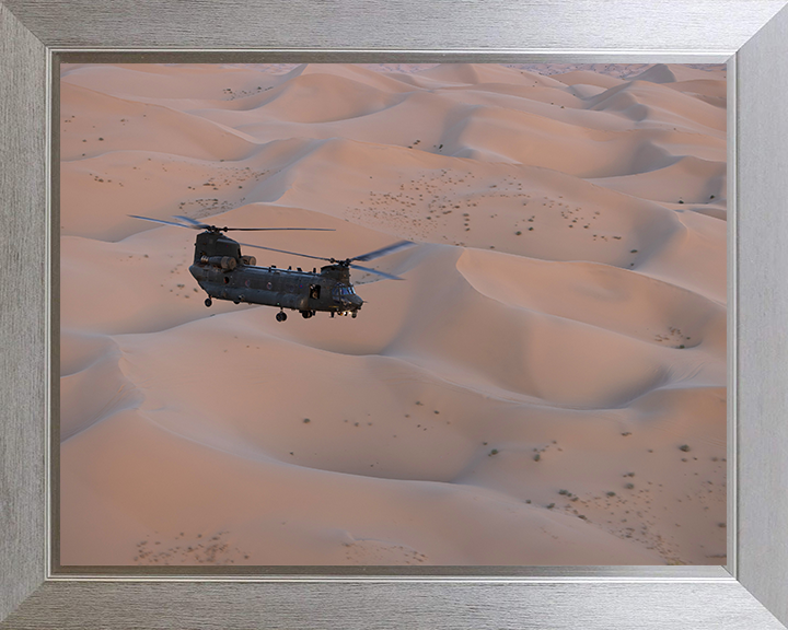 RAF Chinook Over Helicopter sand Dunes Photo Print - Royal Air Force Aircraft Hampshire Prints 10 x 8 Silver Frame No