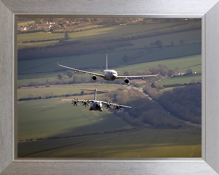 RAF Voyager and C-130J Hercules above RAF College Cranwell Photo Print - Royal Air Force Aircraft Hampshire Prints 10 x 8 Silver Frame No