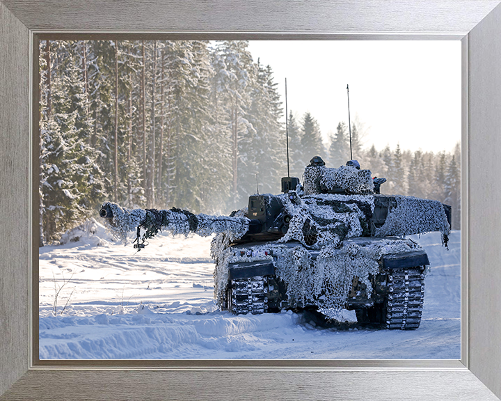 British Army Challenger 2 Main Battle Tank in the snow Photo Print Wall Art Military Decor UK Poster Posters, Prints, & Visual Artwork Hampshire Prints 10 x 8 Silver Frame No