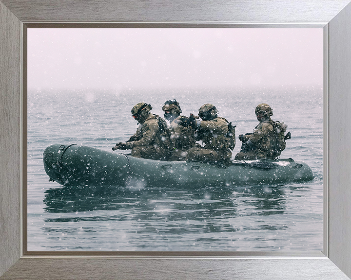 Royal Marines on a Inflatable Raiding Craft in the Snow Photo Print Norway 30 Commando Wall Art Military Decor Posters, Prints, & Visual Artwork Hampshire Prints 10 x 8 Silver Frame No