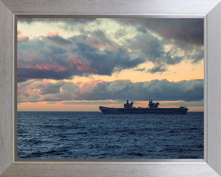 HMS Prince of Wales (R09) Photo Print - At sunset - Royal Navy Queen Elizabeth Class Aircraft Carrier Hampshire Prints 10 x 8 Silver Frame No