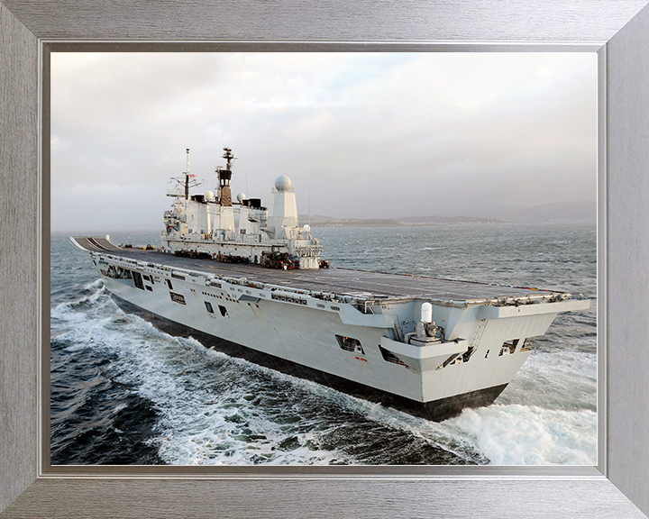 HMS Ark Royal (R07) Royal Navy Invincible Class Aircraft Carrier Port Quarter View at sea Photo Print Wall Art Decor Posters, Prints, & Visual Artwork Hampshire Prints 10 x 8 Silver Frame No
