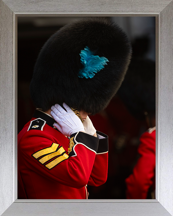Irish Guards Sergeant dons his Bear Skin Photo Print - British Army Hampshire Prints 10 x 8 Silver Frame No