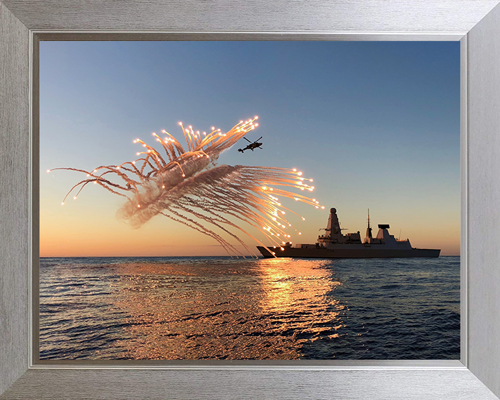HMS Diamond (D34) Photo Print - With Flares 2018 - Royal Navy Type 45 Destroyer Hampshire Prints 10 x 8 Silver Frame No