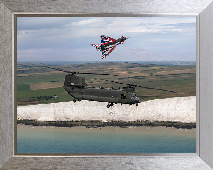 RAF Chinook Helicopter and Typhoon Jet Photo Print - Royal Air Force Aircraft Hampshire Prints 10 x 8 Silver Frame No