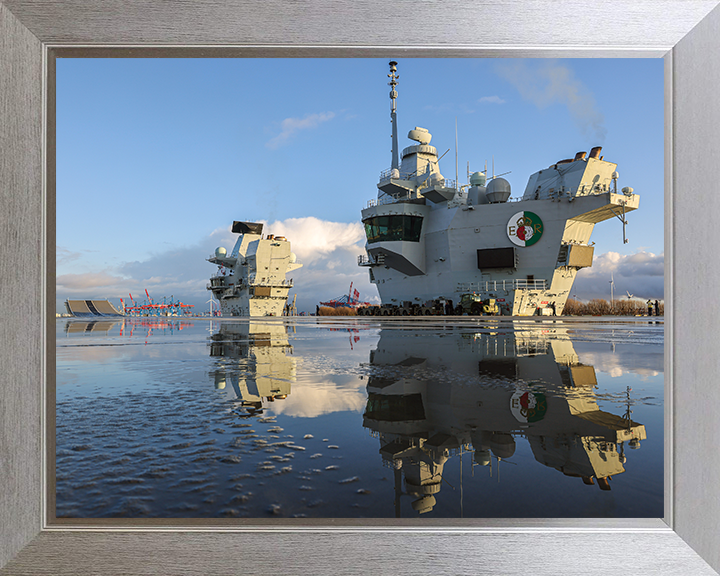 HMS Queen Elizabeth (R08) Photo Print - Flight Deck Reflections - Royal Navy Queen Elizabeth Class Aircraft Carrier Hampshire Prints 10 x 8 Silver Frame No
