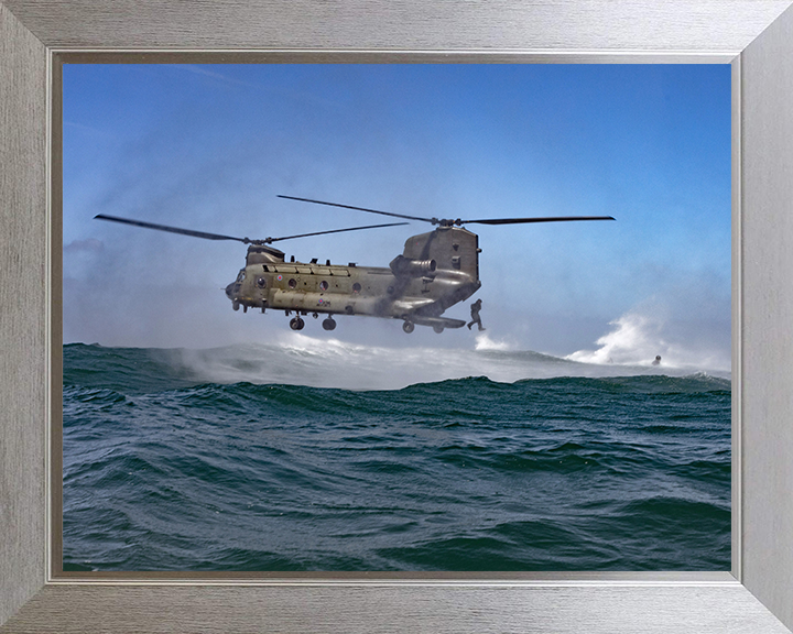 Royal Marine Commando helocasting from a Chinook Photo Print - 40 Commando Hampshire Prints 10 x 8 Silver Frame No