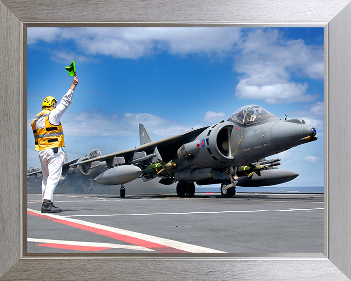 RAF Harrier GR7A on an Aircraft Carriers Flightdeck Photo Print - Royal Air Force Aircraft Posters, Prints, & Visual Artwork Hampshire Prints 10 x 8 Silver Frame No