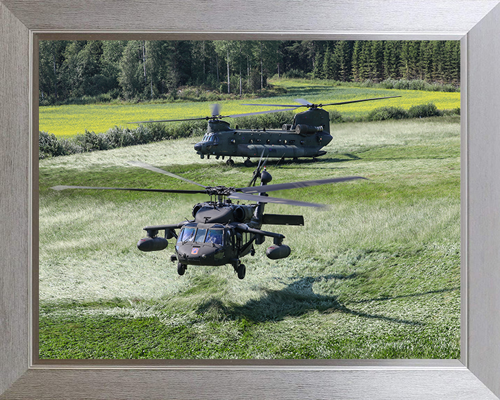RAF Chinook and US Army UH-60 Blackhawk Helicopters Photo Print - Royal Air Force Aircraft Hampshire Prints 10 x 8 Silver Frame No